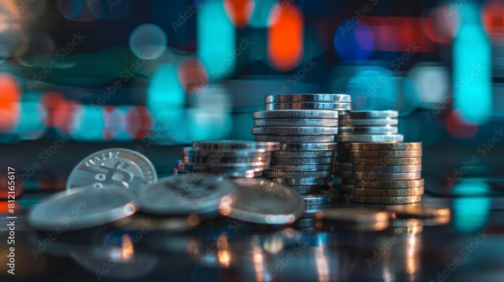 Aufkleber stack of silver coins with trading chart in financial concepts and financial investment business sto