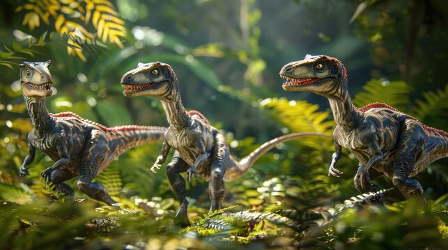 AI-generated majestic dinosaurs in a prehistoric landscape. Raptor. Vivid colors and intricate details bring these ancient creatures to life. The concept of time when dinosaurs ruled the Earth. - Powered by Adobe