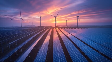 An aerial view of solar panels and wind turbines on the horizon
