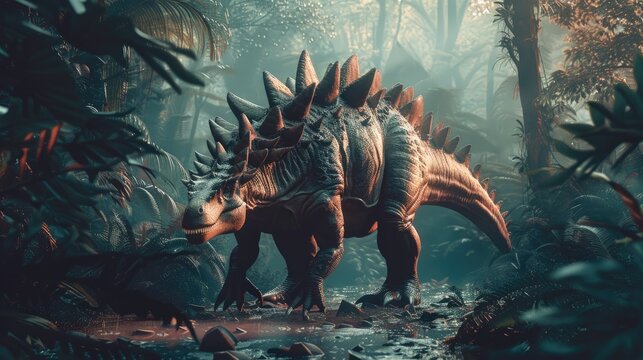 AI-generated majestic dinosaurs in a prehistoric landscape. Stegosaurus. Vivid colors and intricate details bring these ancient creatures to life. The concept of time when dinosaurs ruled the Earth.