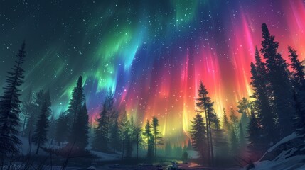 Obraz premium aurora borealis in the sky, pine trees, colorful lights, fantasy illustration style, digital art