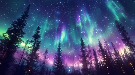 aurora borealis in the sky, trees with lights on them, purple and blue colors, fantasy, digital art style
