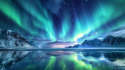 Naklejka premium Beautiful northern lights over snowcovered mountains