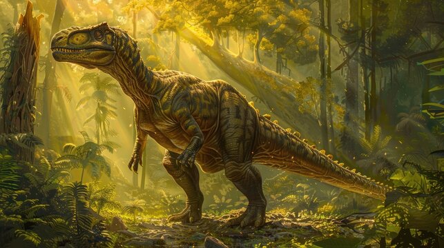 AI-generated majestic dinosaurs in a prehistoric landscape. Tyrannosaurus, t-rex. The concept of time when dinosaurs ruled the Earth.
