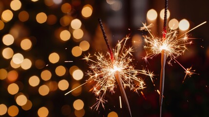 Fototapeta premium Closeup of two sparklers burning on a blurred lights background
