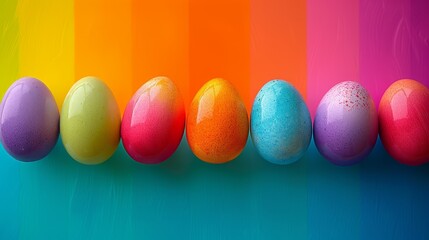 Colorful Easter eggs arranged in a pattern with a closeup shot against a colorful background in a top view with high resolution photography taken with a Nikon D850 camera using a N