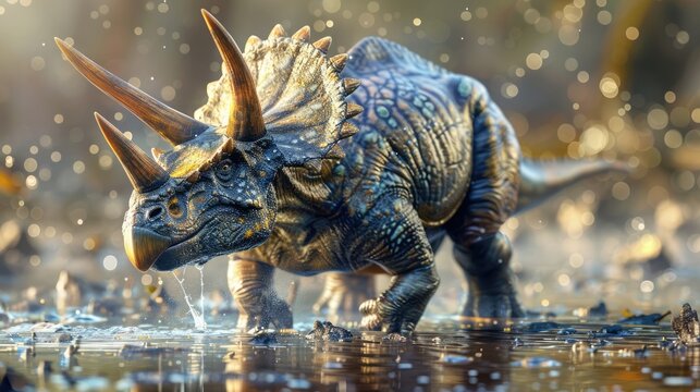 AI-generated majestic dinosaurs in a prehistoric landscape. Triceratops. The concept of time when dinosaurs ruled the Earth.