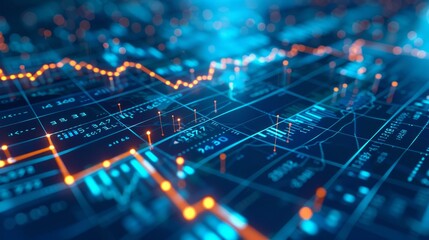 digital background of stock market charts and graphs on blue, with data points glowing in the foreground