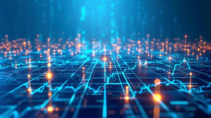 Obraz premium digital background of stock market charts and graphs on blue, with data points glowing in the foreground