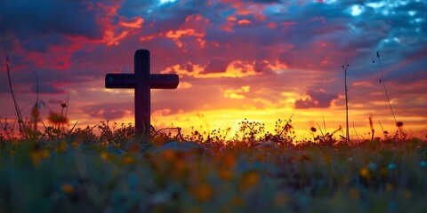 Cross silhouette at sunset in a field on Ascension day: Symbol of faith and hope. Concept Faith,...