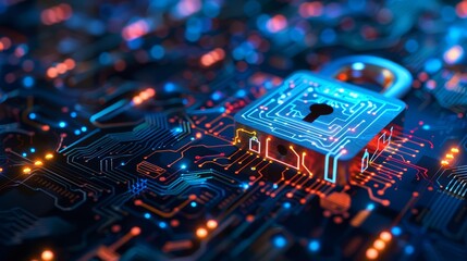 Digital illustration of a cyber security concept showing a padlock and computer circuits on a dark background in a closeup view This could represent a cyber attack or data protecti