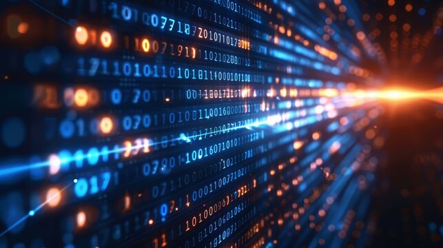 Digital data stream background with binary code and glowing light effects on dark blue background, high resolution, very detailed, cinematic lighting, high detail, sharpness