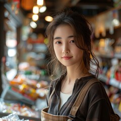 Chinese businesswoman managing inventory at her family's grocery store