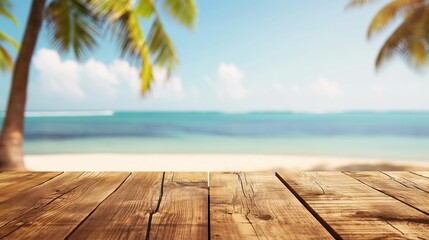 Beach Product Mockup Concept. Wooden Table with Tropical Beach Background. Brown wood table on summer tropical beach background with empty copy space on the table for product display mockup.