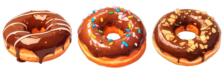 Assorted Chocolate Glazed Donuts with Toppings isolated on a transparent PNG background. This illustration captures the glossy texture of the chocolate and the appealing variety in toppings.