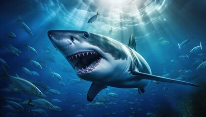 Fototapeta premium The great White Shark in the ocean, portrait of White shark hunting prey in the underwater