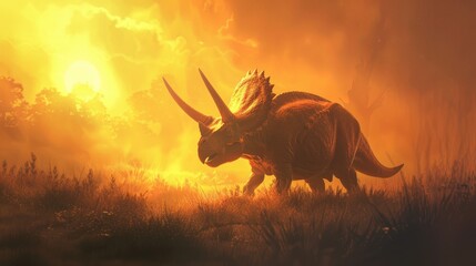 AI-generated majestic dinosaurs in a prehistoric landscape. Triceratops. The concept of time when dinosaurs ruled the Earth.