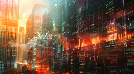 Stock market business concept. Financial graphs and digital indicators with modernistic urban area and skyscrapers as background. Double Exposure.