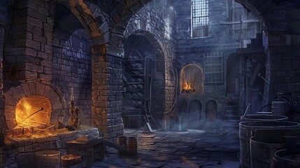 atmospheric medieval factory interior with stone walls and glowing furnaces historical illustration digital art