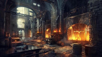 Obraz premium atmospheric medieval factory interior with stone walls and glowing furnaces historical illustration digital art
