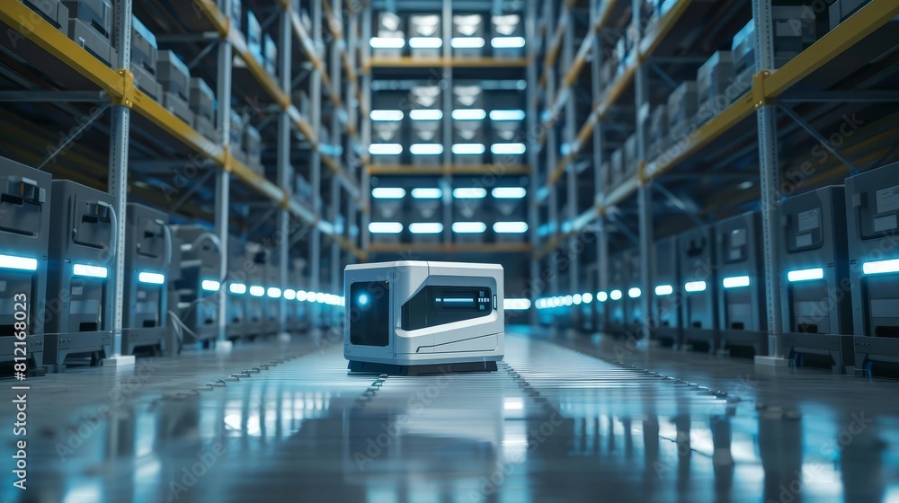 Poster automated inventory management robot connected to 5g network in modern storage warehouse futuristic 