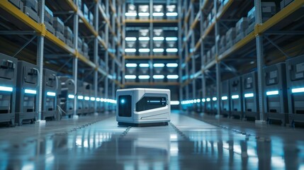 Obraz premium automated inventory management robot connected to 5g network in modern storage warehouse futuristic logistics concept