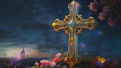 golden cross, all saints day background, seamless looping time lapse virtual 4k video animation background