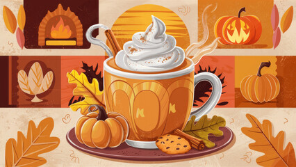 Cozy Autumn Vibes: Pumpkin Spice Latte, Warm Fireplace, and Festive Decorations.