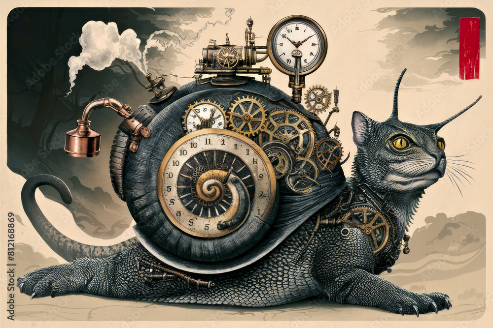 Poster steampunk cat with clockwork elements and mechanical gears in an artistic illustration.