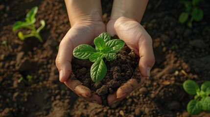 Capture the captivating image of hands gently cradling a young sapling against the backdrop of rich soil ready to be planted in the garden