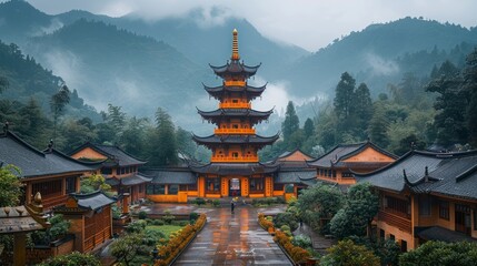 Chinese carpenter building a traditional wooden pagoda in a mountain village