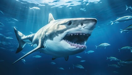 Naklejka premium The great White Shark in the ocean, portrait of White shark hunting prey in the underwater