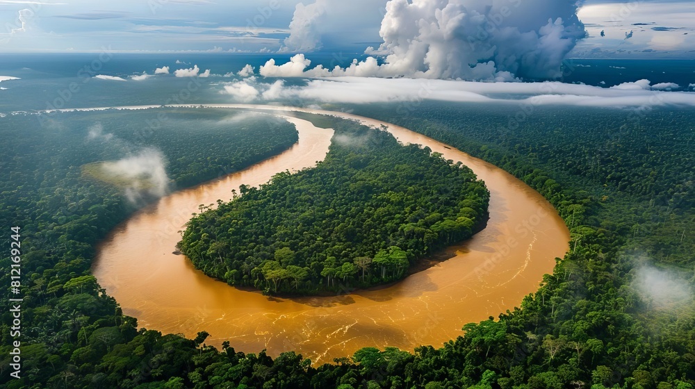 Wall mural breathtaking aerial view of the winding amazon river in peru landscape photography - Wall murals