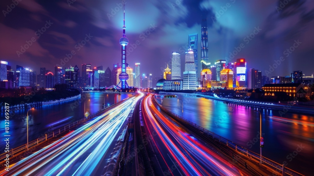 Aufkleber the light trails on the modern building background in shanghai china.