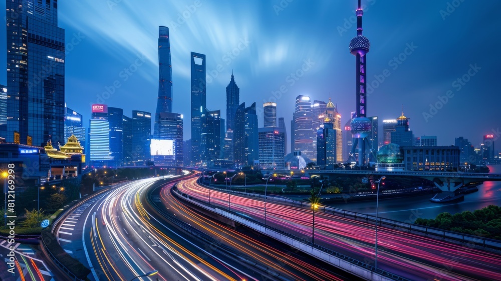 Aufkleber the light trails on the modern building background in shanghai china.