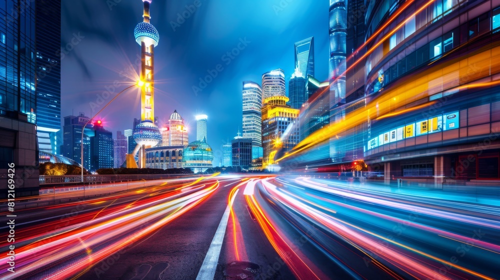 Aufkleber the light trails on the modern building background in shanghai china.