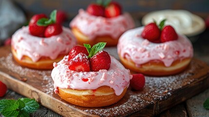 A side view of strawberry doughnuts topped with vanilla ice cream and mint leaves is displayed on a rustic wooden table for Doughnut Day celebrations