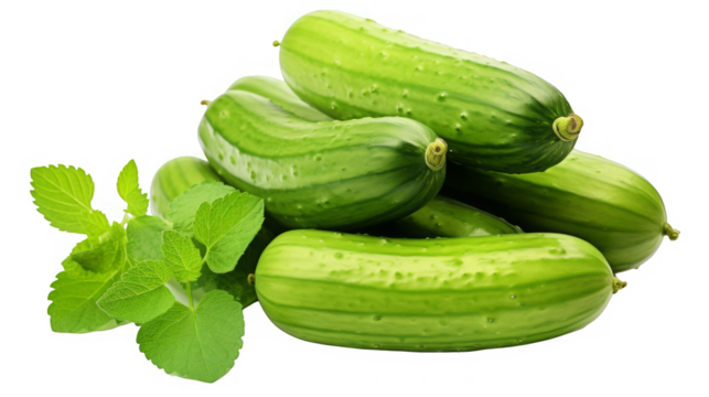 Fresh green cucumbers with leaves isolated on transparent background.