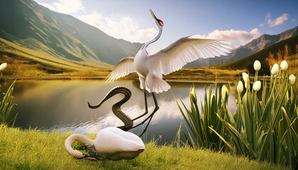 Two Cranes Fight a Snake