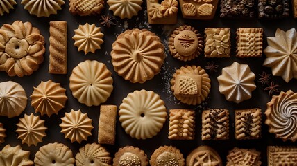 Elegant display of various ornate biscuits in neutral tones.