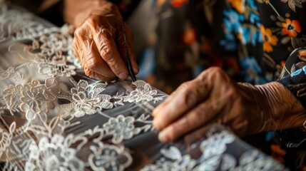 The photo shows the hands of an elderly woman sewing a piece of white lace. The woman is wearing a blue dress with white flowers. The background is out of focus.