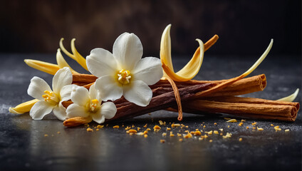 Vanilla sticks with flowers on old background