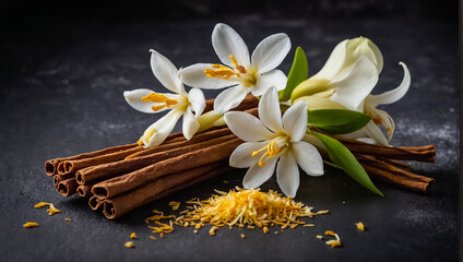 Vanilla sticks with flowers on old background natural