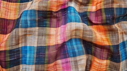 closeup of textured brown fabric with colorful checkered plaid pattern abstract background