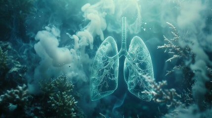 The illusory lungs in the air with a beautiful background, volumetric lighting creating a cinematic depth of field blur effect, depicting an underwater scene in the fantasy style with sea coral