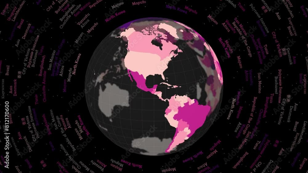 Poster rotating globe. dark translucent globe with round geographical names text. artistic spinning planet.