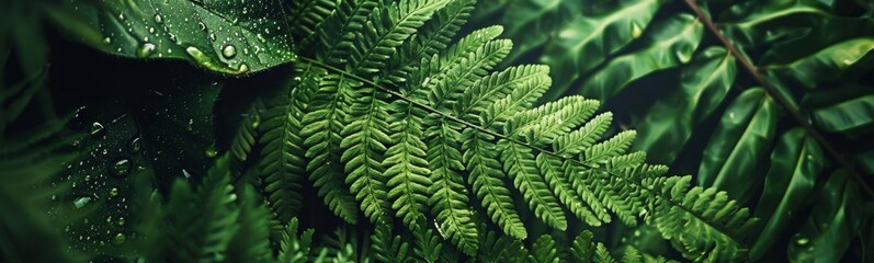 Fern leaf with water droplets on it. Nature background. Banner