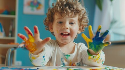 A Joyful Child with Painted Hands