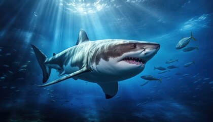 Obraz premium The great White Shark in the ocean, portrait of White shark hunting prey in the underwater