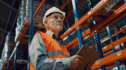 Senior Warehouse Worker with Clipboard